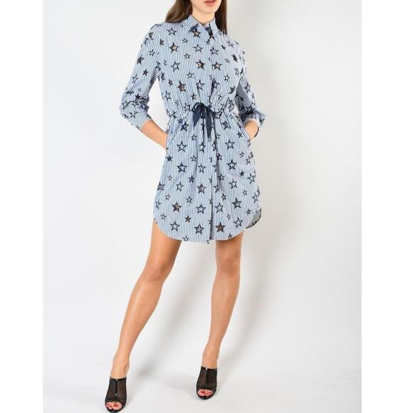 SANDRO Bilbao Star Shirt Dress Tie Waist Blue Contemporary Whimsical Stripe 6 - Picture 14 of 16